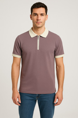 CrisPet Solid, Self Design Men Zip Neck Purple T-Shirt