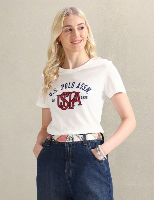 U.S. POLO ASSN. Self Design Women Crew Neck White T-Shirt