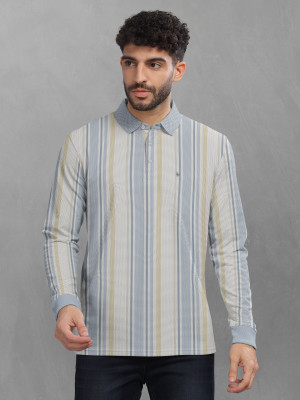 Bullmer Striped Men Polo Neck Blue T-Shirt