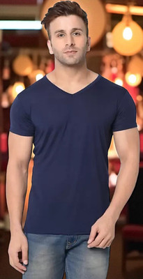 Faricon Trend Solid Men Round Neck Dark Blue T-Shirt
