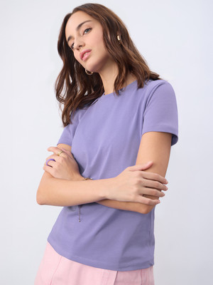 The Souled Store Self Design Women Round Neck Purple T-Shirt