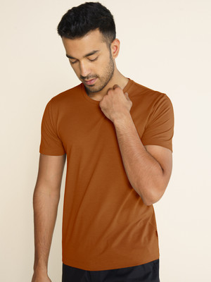 Damensch Solid Men Round Neck Brown T-Shirt