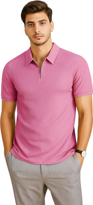 RMLKN Self Design Men Zip Neck Pink T-Shirt