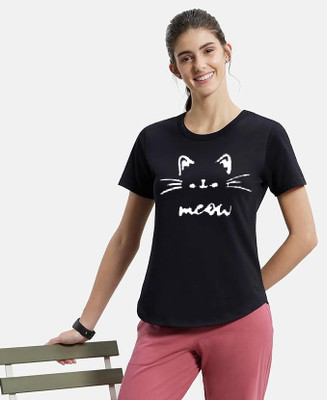 GLITO Printed Women Round Neck Black T-Shirt