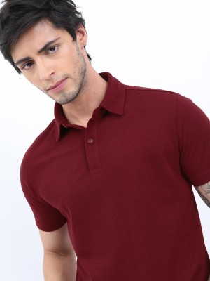 HIGHLANDER Solid Men Polo Neck Maroon T-Shirt