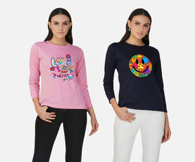 CHOZI Printed Women Round Neck Pink, Navy Blue T-Shirt