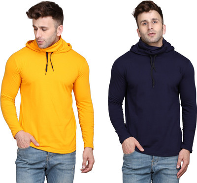tfurnish Solid Men Hooded Neck Dark Blue, Yellow T-Shirt