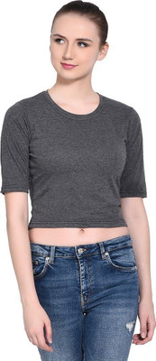 GEUM Solid Women Round Neck Grey T-Shirt