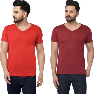 Tresna Trending Solid Men V Neck Red, Maroon T-Shirt