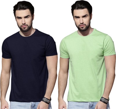 LazyChunks Solid Men Round Neck Navy Blue, Light Green T-Shirt