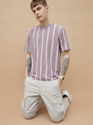 Fame Forever by Lifestyle Striped Men Polo Neck Purple T-Shirt