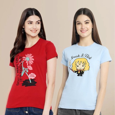 METRONAUT Printed Women Round Neck Light Blue, Red T-Shirt