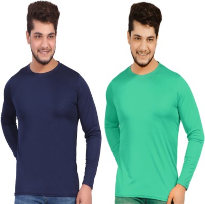 KASPY Solid Men Round Neck Navy Blue, Light Green T-Shirt