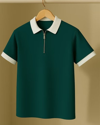 Petromen Solid Men Zip Neck Green T-Shirt