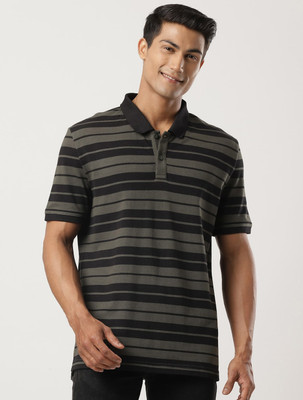 JOCKEY Striped Men Polo Neck Black T-Shirt
