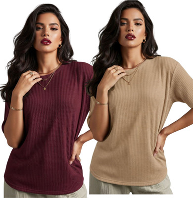 VDTREND Self Design Women Round Neck Beige, Maroon T-Shirt