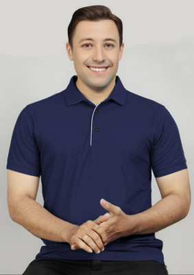 AVOLT Solid Men Polo Neck Navy Blue T-Shirt