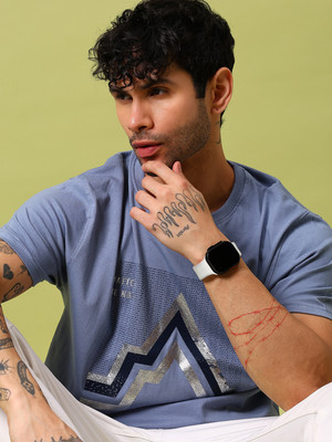 V-MART Printed Men Round Neck Light Blue T-Shirt