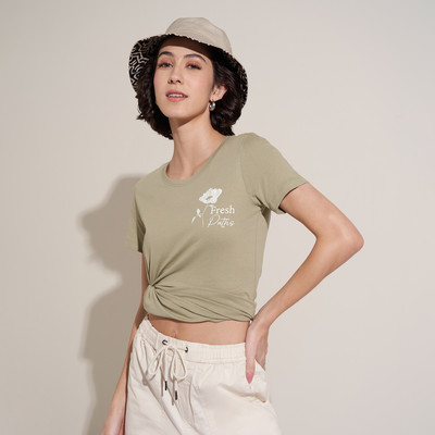 Honey By Pantaloons Solid Women Round Neck Light Green T-Shirt