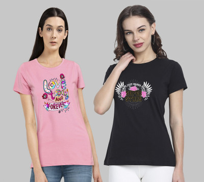 CHOZI Printed Women Round Neck Pink, Black T-Shirt