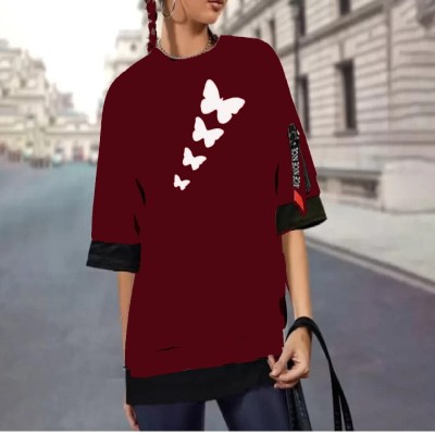 TARSHI Printed, Typography Women Round Neck Maroon T-Shirt