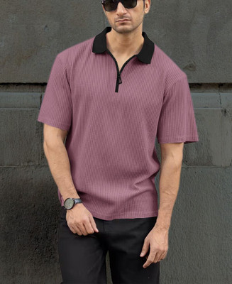 AZIZANFASHION Solid Men Polo Neck Purple T-Shirt