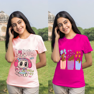 Kintu Parantu Cartoon Women Round Neck Pink T-Shirt
