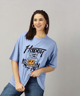 ALONE EAGLE Printed Women Round Neck Light Blue T-Shirt