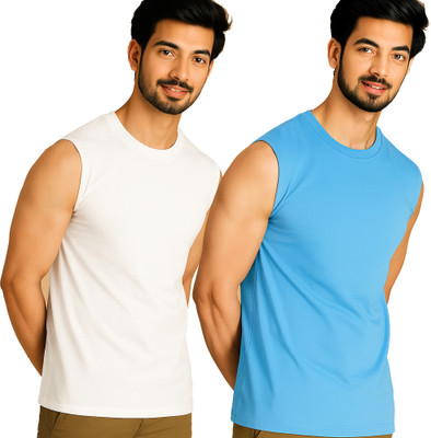 Jangoboy Solid Men Round Neck White, Blue T-Shirt