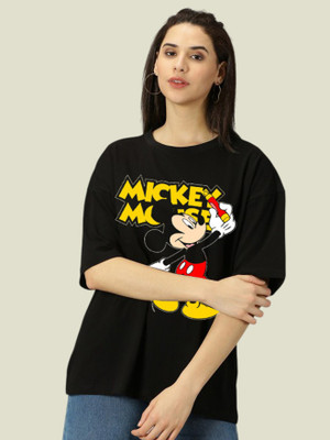 DISNEY by DreamBe Cartoon Women Round Neck Black T-Shirt