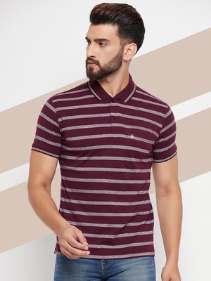 UNIBERRY Striped Men Polo Neck Maroon T-Shirt