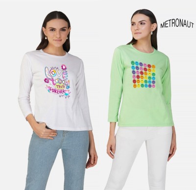 METRONAUT Printed Women Round Neck White, Light Green T-Shirt