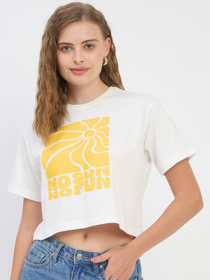 Mast & Harbour Printed Women Round Neck White T-Shirt