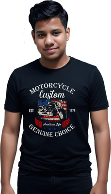 R and S Creations Printed Men Round Neck Black T-Shirt