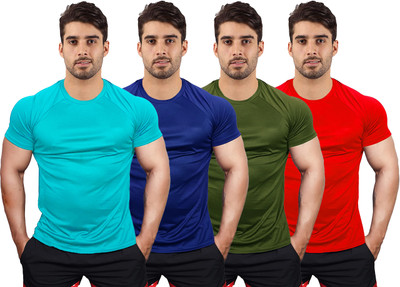 UDI n ADI Solid Men Round Neck Light Blue, Blue, Dark Green, Red T-Shirt