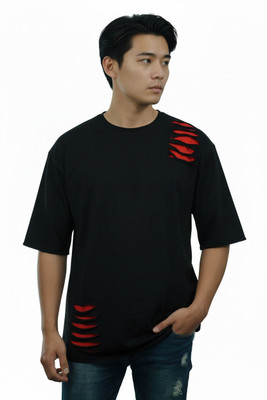 R World Solid, Self Design Men Round Neck Black T-Shirt