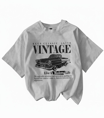 LuxeApe Printed Women Round Neck Grey T-Shirt