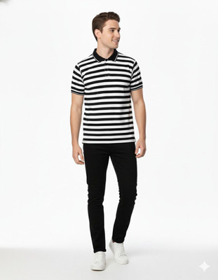 Aleesha Trendz Striped Men Polo Neck Black, White T-Shirt
