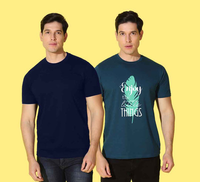 WOOSTRO Printed, Solid Men Round Neck Multicolor, Blue T-Shirt
