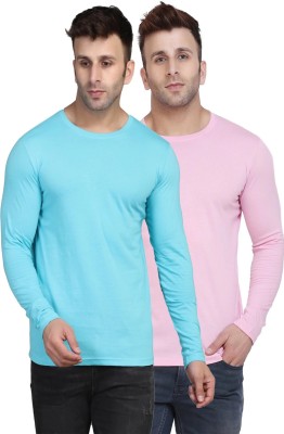 Kroptee Solid Men Round Neck Light Blue, Pink T-Shirt