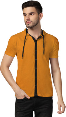 GEUM Solid Men Hooded Neck Gold T-Shirt