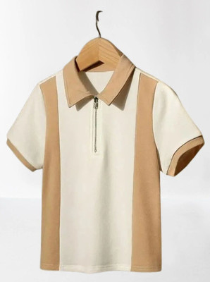 TOIX Striped Men Zip Neck Beige, White T-Shirt