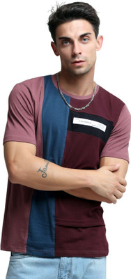 Estilocus Colorblock Men Round Neck Brown T-Shirt