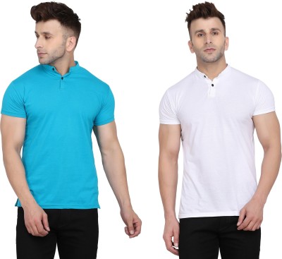 Lawful Casual Solid Men Mandarin Collar Light Blue, White T-Shirt