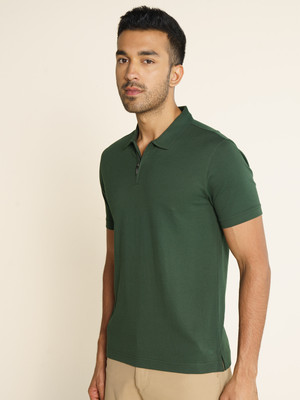 Damensch Solid Men Polo Neck Dark Green T-Shirt