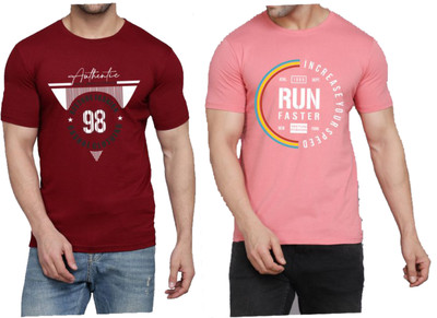 WOOSTRO Printed Men Round Neck Maroon, Pink T-Shirt