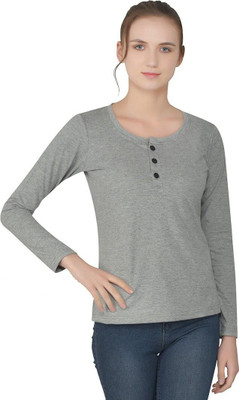 GEUM Solid Women Henley Neck Grey T-Shirt