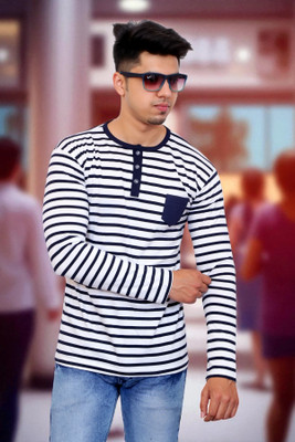 FARICON Striped Men Round Neck Blue, White T-Shirt