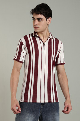 GLORI STAR Striped Men Polo Neck Maroon T-Shirt