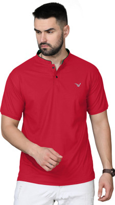 CLIENTALE. Solid Men Mandarin Collar Red T-Shirt